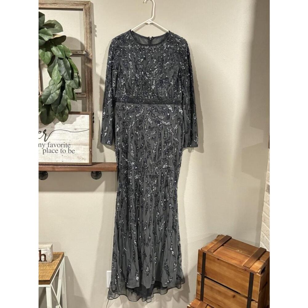 Mac Duggal Size 10 Beaded Long Sleeve Evening Gown Charcoal #5124 NWT